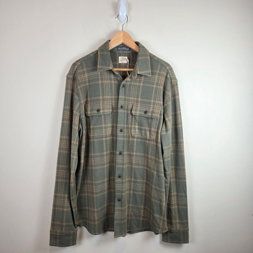 Faherty Mens Size L Legend Sweater Shirt Woodland Olive Plaid Soft Stretch